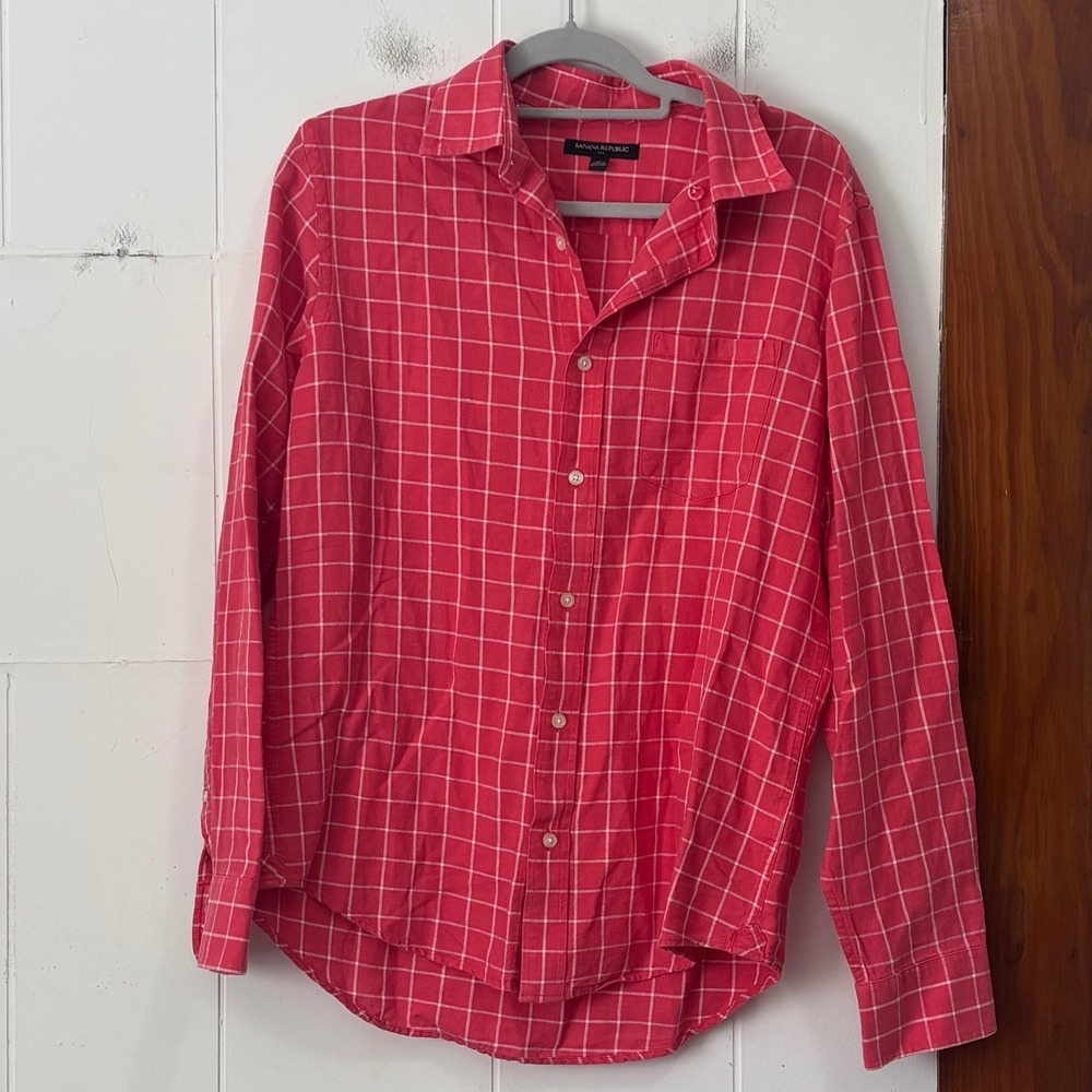 Banana Republic Mens Medium Red White Windowpane Linen Cotton Button Down Shirt